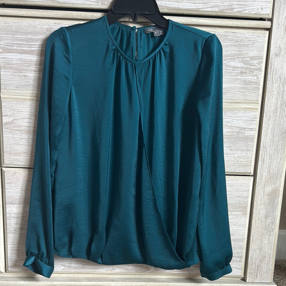 Vince emerald green long sleeve blouse w/split front drape jewel tone